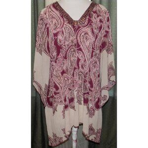 Catherines size 4X 30W / 32W poly paisley burgundy print beaded blouse plus size